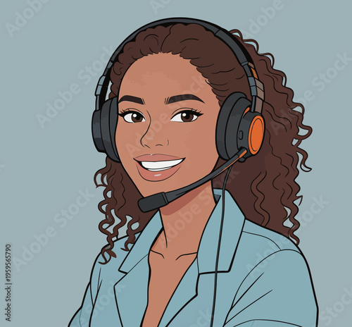 Woman with curly hair wearing a headset smiles while providing customer support in a simple office setting