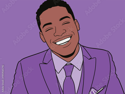 Young man in purple suit smiles widely at the camera while standing in front of a simple purple background during a playful moment