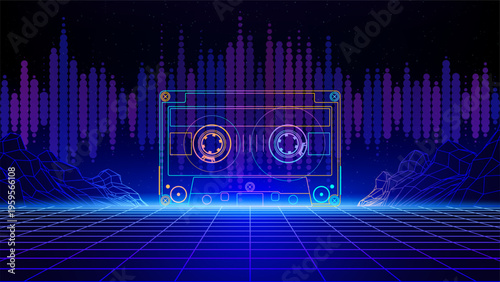 Retro futuristic neon abstract background. Synthwave 80s style poster. Compact cassette, 3d laser grid, audio waveform, wireframe mountain. Music template. Starry sky background, mesh floor. Vector