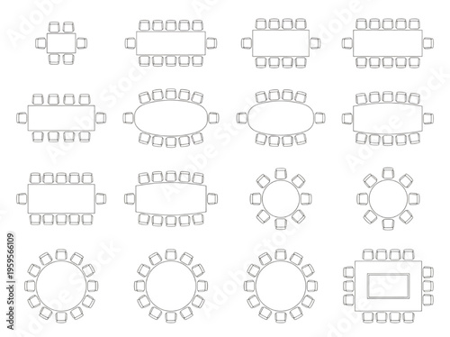 Collection of top-down views of various table and seating arrangements, ideal for event planning and interior design