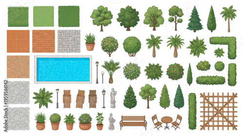 Isometric Garden and Landscape Design Elements Trees, shrubs, plants, pool, paving, and outdoor furniture assets for architectural planning projects