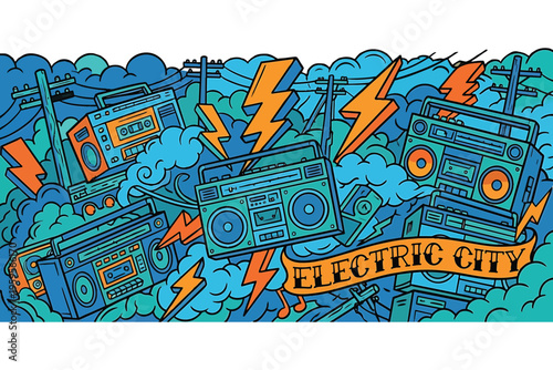 Retro boomboxes with lightning bolts.