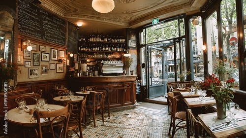 Classic Parisian bistro interior with small round tables, curved wooden chairs, handwritten menu board, wine shelves and vintage espresso machine, cozy cafe setting with tiled floors and large windows