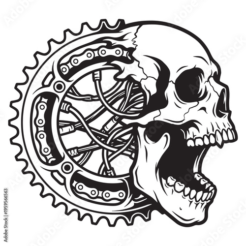 Skull with bicycle gear mechanism.