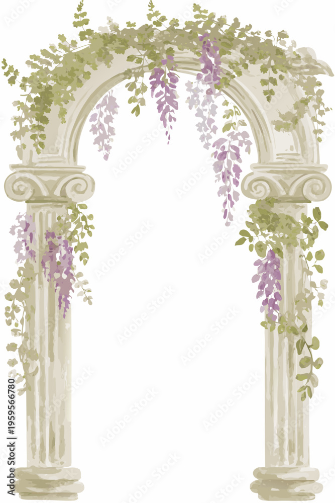 Fototapeta premium Elegant stone archway adorned with lush green vines and wisteria flowers