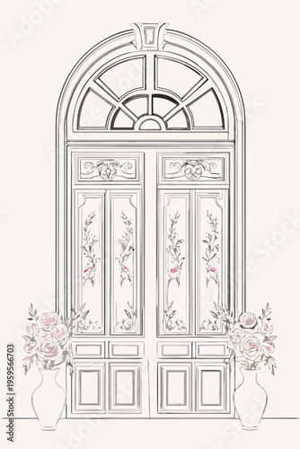 Elegant arched doorway sketch with floral arrangements and decorative details