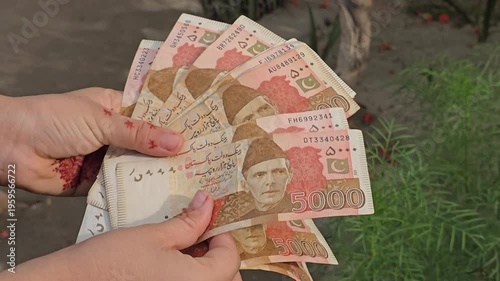 Five Thousands Pakistani bank currency notes displayed in a hand showcasing various denominations of pakistani rupee notes