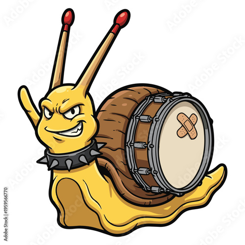 Snail wearing spiked collar playing drum.
