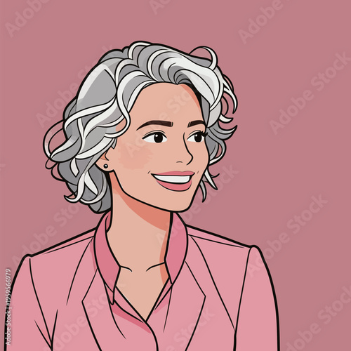 Woman with short, curly gray hair wearing a pink blazer smiles in front of a plain background during a clear day in a casual setting
