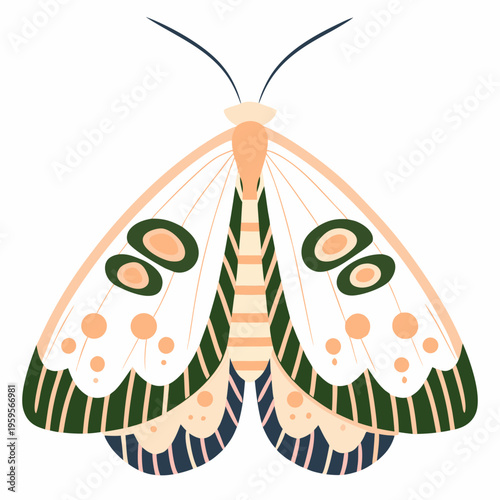 Stylized illustration of a colorful moth with patterned wings and antennae