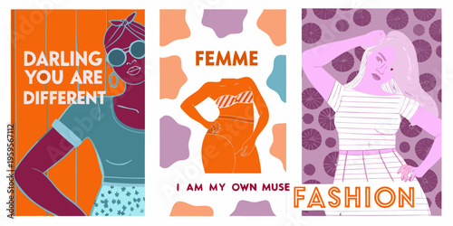Three illustrated fashion panels with women and empowering text phrases