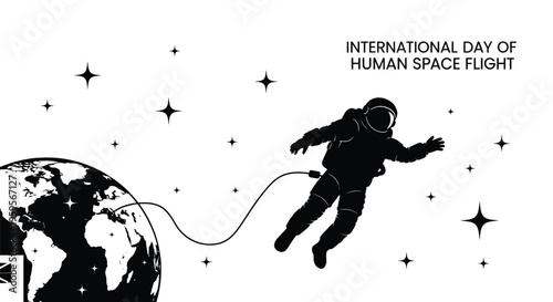 This dynamic vector graphic illustration showcases an astronaut gracefully floating in the dark void of space, tethered to the familiar blue marble of Earth, symbolizing the profound achievements of h