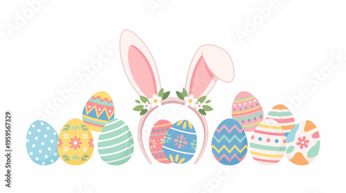 A festive collection of vibrantly decorated Easter eggs arranged with bunny ears and floral accents on a white background.