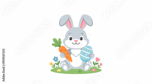 A cute cartoon Easter bunny sits in a field of flowers, holding a carrot in one paw and a decorated egg in the other.