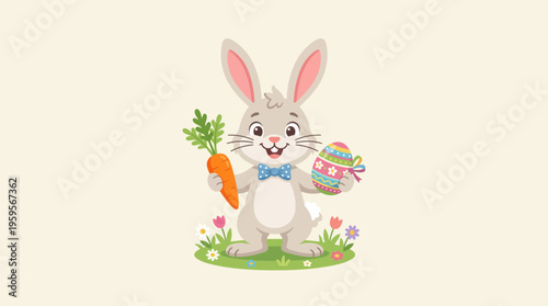 A cheerful cartoon Easter bunny holding a carrot and a decorated egg, surrounded by flowers.
