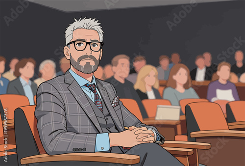 Man sits in audience during presentation at conference held in auditorium with people engaged in discussion