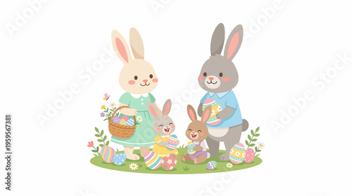 A charming illustration of a bunny family celebrating Easter, with painted eggs and a basket of flowers, set against a white background.