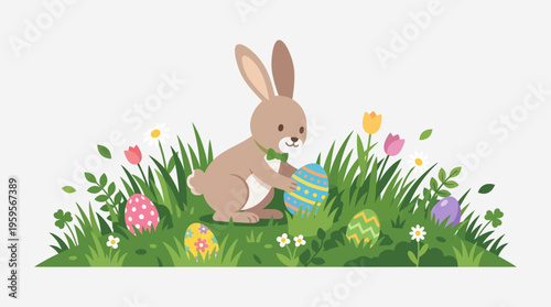 A cute cartoon Easter bunny is hiding colorful decorated eggs in a lush green grassy field with blooming flowers.