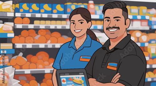Workers smile and assist customers in a grocery store setting during busy shopping hours