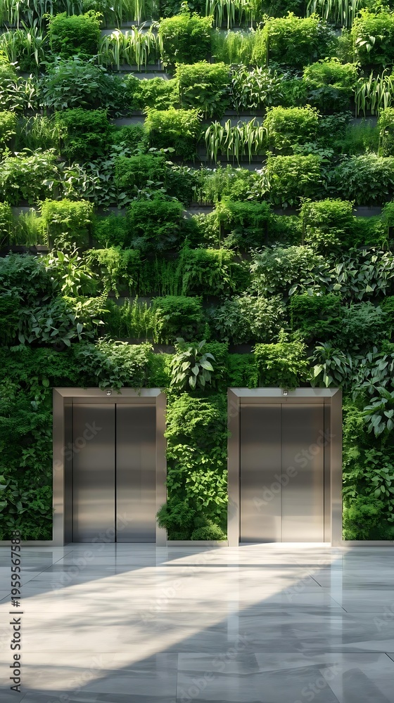 Obraz premium Vertical Garden Mall Vertical Garden with Elevators in Modern Building Interior Design for Eco-Friendly Spaces
