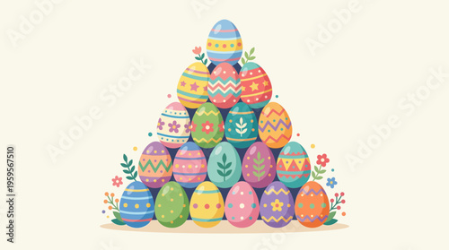 A vibrant pyramid of decorated Easter eggs adorned with colorful patterns and surrounded by small floral elements.