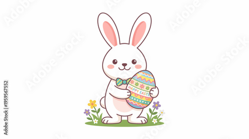 A cute cartoon white bunny rabbit holding a colorful decorated Easter egg, surrounded by small flowers and green grass.