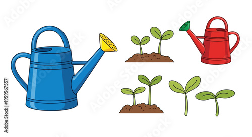 Colorful illustration of watering cans and young green seedlings growing