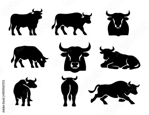 Ox Silhouettes Set - Black Farm Animal Cattle Icons Collection