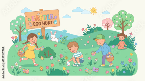 Children joyfully participating in an Easter egg hunt in a sunny meadow filled with colorful eggs and spring flowers.