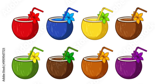 Colorful coconut drinks with straws and flowers on white background