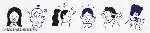 Set of hand drawn emotional faces showing stress, anger, anxiety, crying, happiness and silence. Minimal doodle characters illustrating mental health, mood changes and emotional expression.