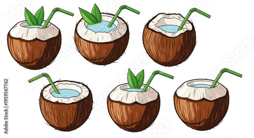 Vector illustration of six coconuts with straws and leaves design