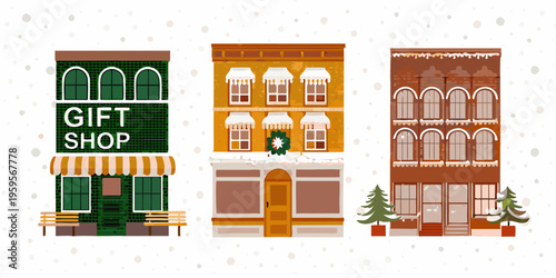 Charming illustrated row houses with a gift shop and winter decorations