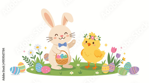 A cheerful Easter bunny holding a basket of colorful eggs stands next to a cute chick wearing a flower crown in a grassy field with blooming flowers and decorated Easter eggs scattered around.