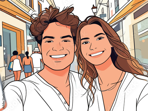 Friends take selfie together while enjoying a day out in a busy street during the afternoon in a town