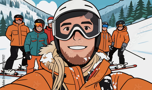 Group of friends enjoying a ski trip at a snowy mountain in winter while taking a selfie together on the slopes