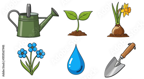 Colorful garden tools and plants vector graphic illustration set