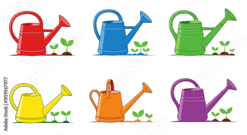 Colorful watering cans in various hues with green seedlings growing