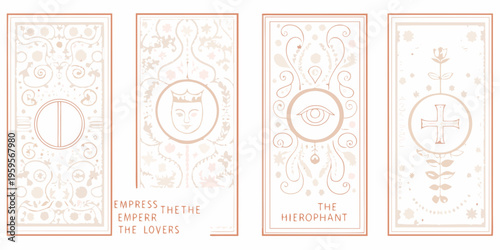 Four tarot card designs with ornate borders and symbolic imagery