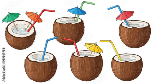 Colorful coconut drinks with umbrellas and straws on white background