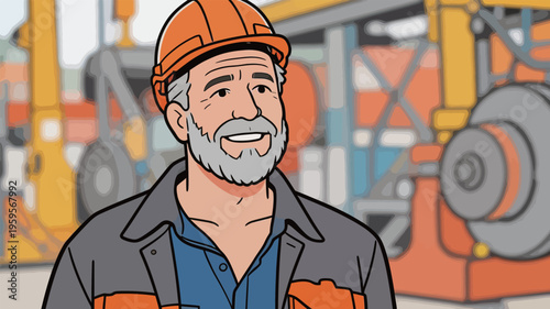 Senior worker smiles while standing in front of construction equipment at busy work site on a sunny day