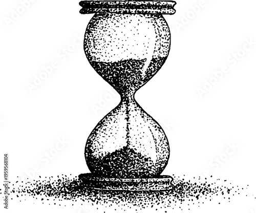 Intricate hourglass with sacred geometry halo in black and white stipple art