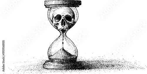 Memento mori: hourglass with skull inside glass chamber in vintage stipple art style