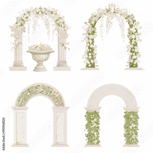 Elegant floral arches and urns decorative elements for celebrations