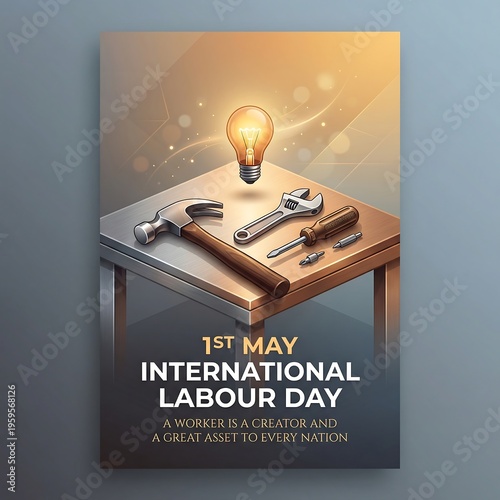 1st May International Labour Day poster with tools and glowing lightbulb idea