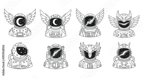 Line art illustrations of astronaut heads and celestial themed helmets