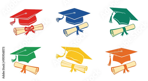 Colorful graduation icons with caps and diploma rolls design