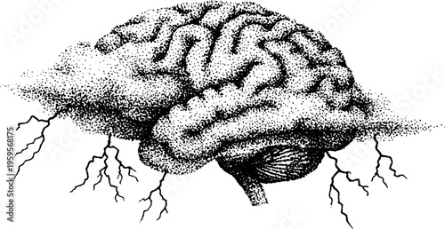 Abstract human brain with lightning bolts in black and white stippling art for creative design