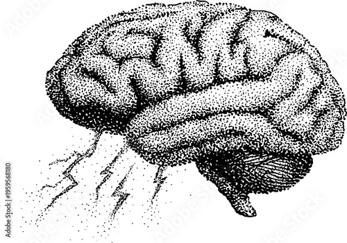 Human brain with lightning bolts in black and white stippling effect for creative design