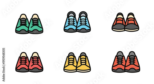 Colorful vector illustration of six pairs of sneakers